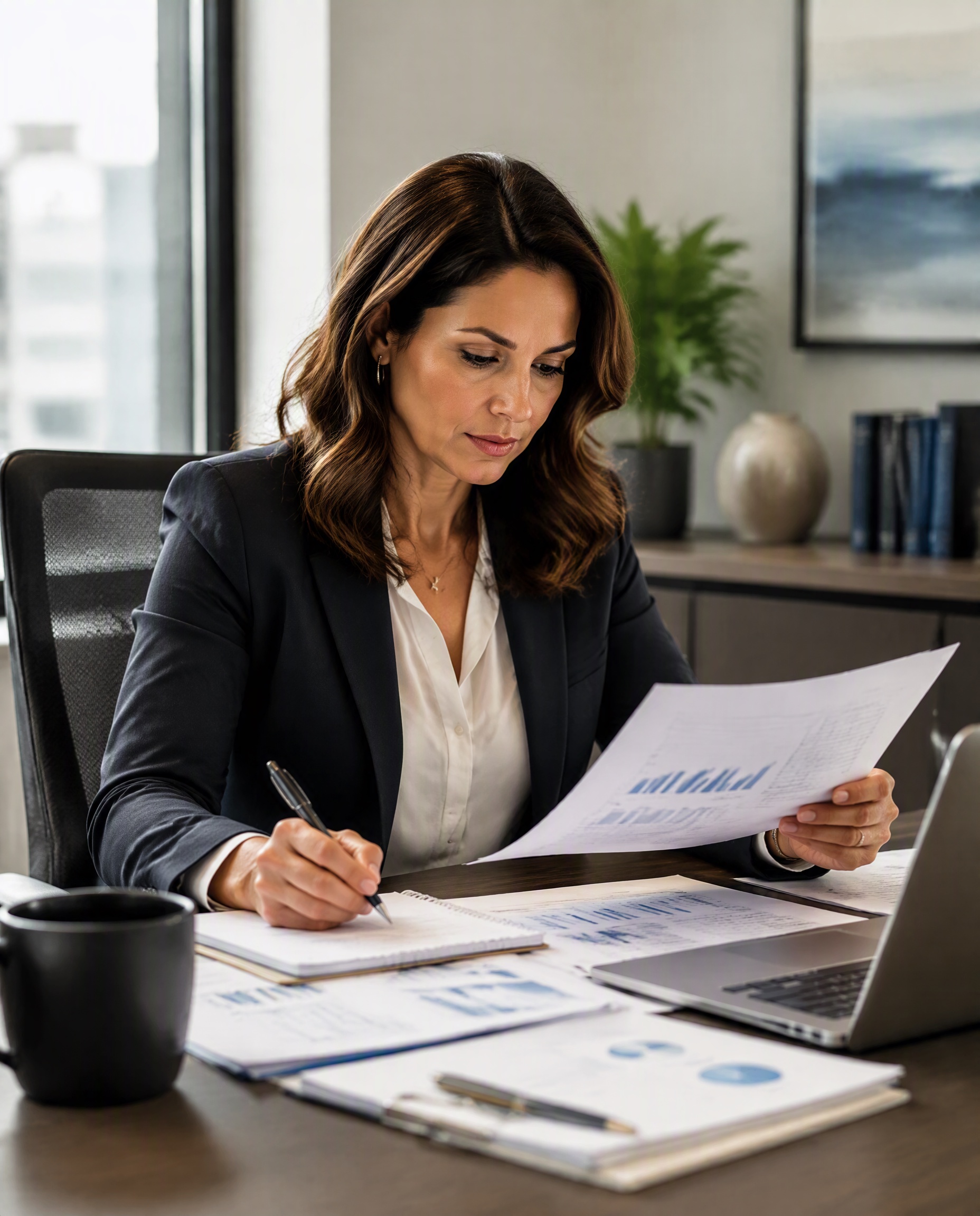 Female benefits executive reviewing healthcare costs and risk analytics in a warm office